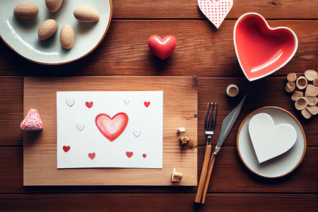 Top view of valentine's day table setting on wooden backgroundの素材