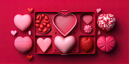 Valentine's Day background with red hearts and sweets. Vector illustration.の素材