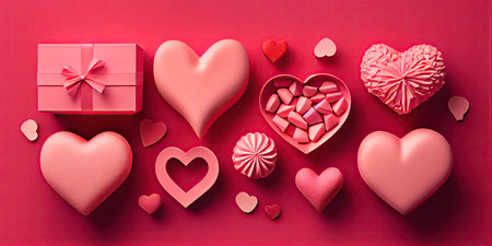 Valentine's day background with red hearts, candies and gift box on red backgroundの素材