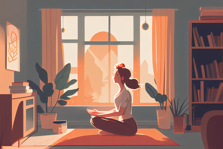 Young woman practicing yoga at home. Vector illustration in flat style.の素材