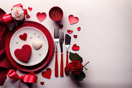 Valentines day table setting with red hearts and cutlery on white wooden backgroundの素材