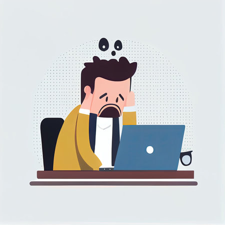 Businessman working on laptop in office. Vector illustration in flat styleの素材