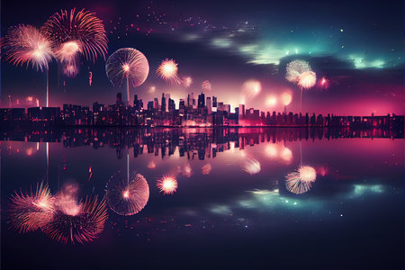 Fireworks over the city and reflection in the water, vector illustrationの素材