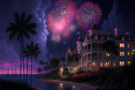 Beautiful fireworks display over palm trees and luxury mansion at night.の素材