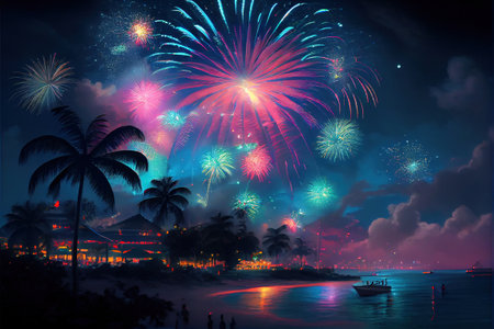 colorful fireworks on the night sky over the sea and palm treesの素材