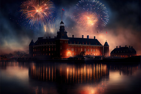 Fireworks over the old town of Riga, Latvia, Europeの素材