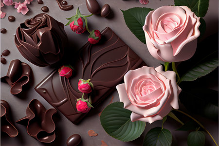 Chocolates with roses on a dark background. Top view.の素材