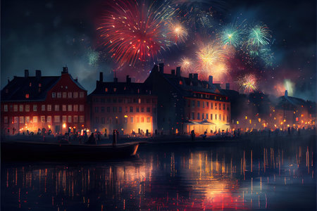 Fireworks over the old town of Gdansk, Poland.の素材