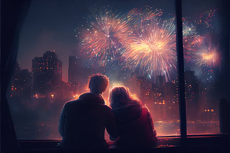 Happy senior couple watching fireworks in the city at night. Love conceptの素材