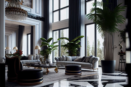 Luxury living room interior design with black and white furniture, 3d renderの素材