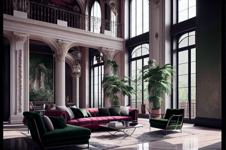 Interior of luxury apartment with green sofa and armchairs. 3d renderingの素材