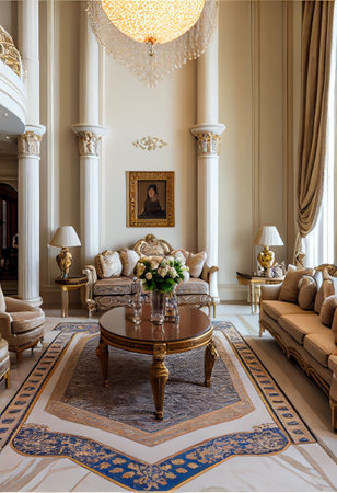 Luxury interior of the living room in classic style. Sofa, sofa, armchair, table and picture on the wall.の素材