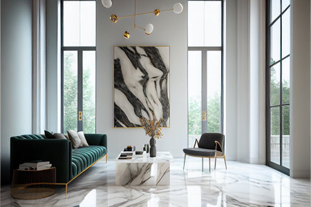Interior of luxury living room with white marble walls, tiled floor, comfortable green sofa and armchair. 3d renderingの素材