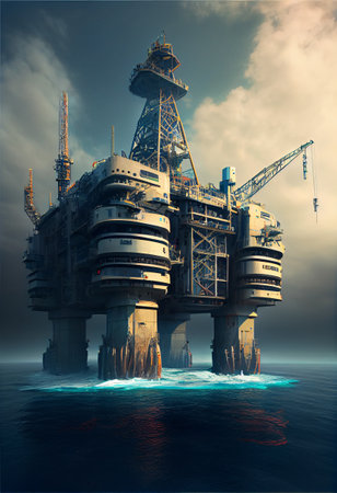 Oil platform in the ocean. 3D render. Conceptual illustration.の素材