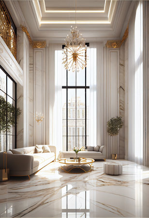 Luxury living room interior with white wallsle floor, luxurious sofa and armchair. 3d renderの素材