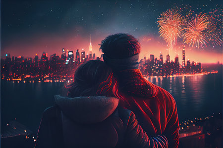 Couple in love looking at fireworks over the big city at nightの素材