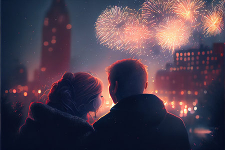 Back view of loving couple looking at fireworks on background of night cityの素材