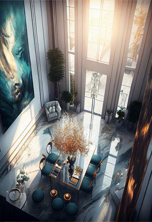 Interior of a modern living room with a large window. 3d renderingの素材