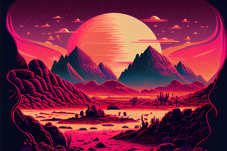 Beautiful fantasy landscape with mountains and sun. Vector illustration in retro styleの素材