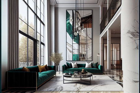 Interior of modern living room with white walls, concrete floor, green sofa with cushions and coffee table. 3d renderingの素材