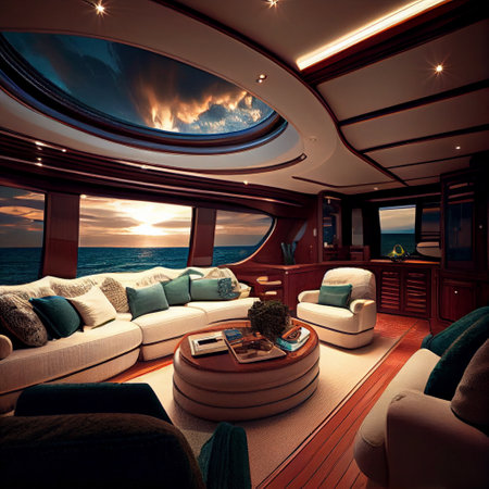 Interior of a cruise ship. 3D Rendering. Sunset.の素材