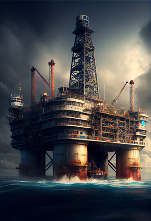 Oil and gas platform in the sea. 3D render illustration.の素材