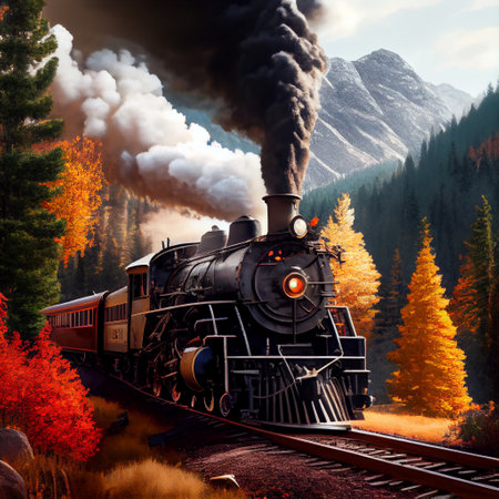Steam locomotive in the autumn forest. 3D illustration. Vintage style.の素材
