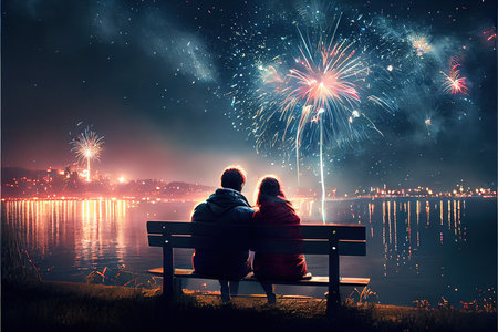 Couple sitting on bench and watching fireworks at seaside promenadeの素材