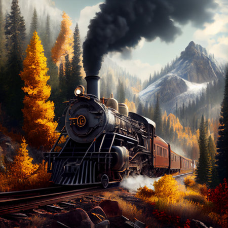 Steam locomotive in the autumn forest. 3D illustration. Retro style.の素材