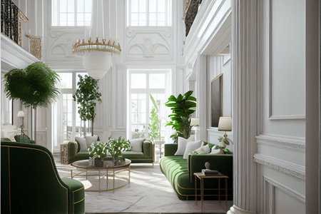 Luxury interior of the living room with a green sofa. 3d renderの素材