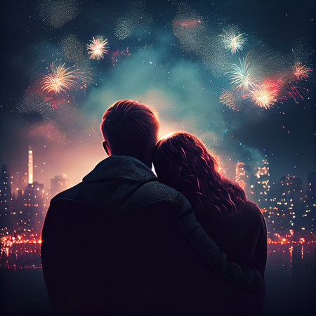 Silhouette of loving couple looking at fireworks on night city backgroundの素材