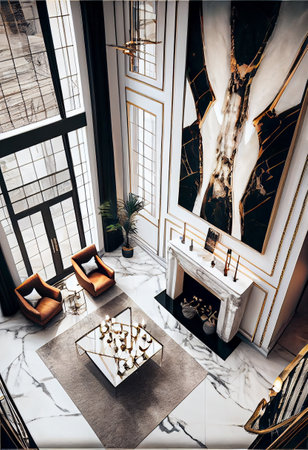 Luxury interior design of living room with marble walls, white marble floor and luxurious armchairs.の素材