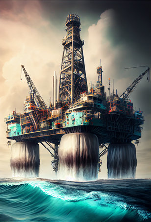 Oil and gas platform in stormy sea. 3D Renderingの素材