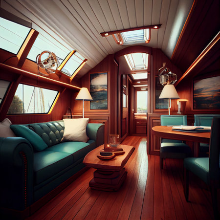 Interior of a wooden yacht. 3D rendering. Vintage style.の素材