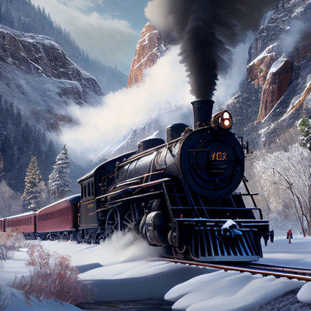 Steam locomotive in the mountains. Winter landscape. 3d renderの素材