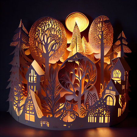 Fantasy forest with trees in paper cut style. 3d renderingの素材