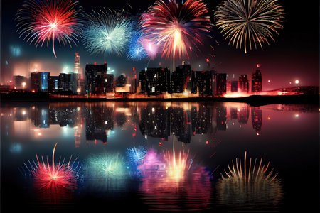 Fireworks over the cityscape and reflection in water, vector illustrationの素材