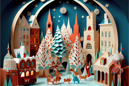 Christmas landscape in paper cut style. 3d illustration. Christmas background.の素材