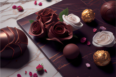 Chocolates and rosesle background. 3d illustration.の素材