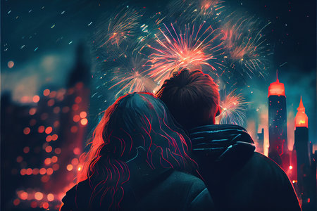 Young couple looking at fireworks on New Year eve. Celebration concept.の素材