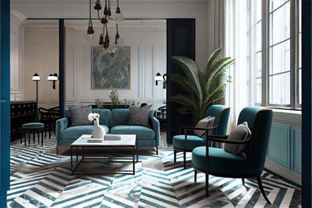 Classic living room interior design with blue armchairs and coffee table. 3d renderの素材