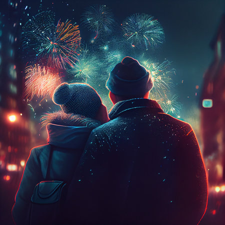 Back view of couple watching fireworks in the night city. Love concept.の素材