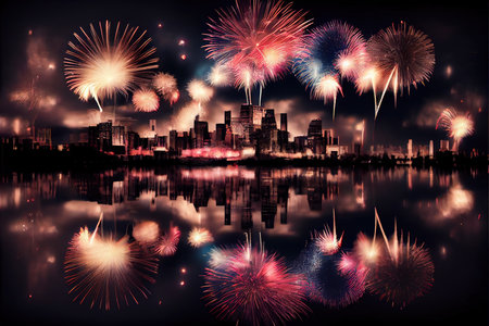 Fireworks over the cityscape and reflection on the water, vector illustrationの素材