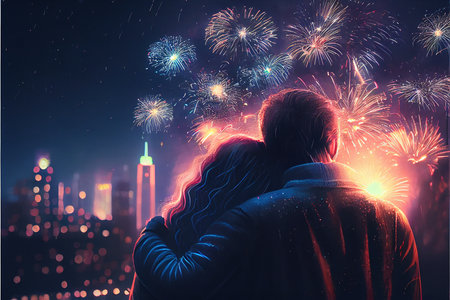 Back view of man looking at fireworks on night city background. Celebration conceptの素材