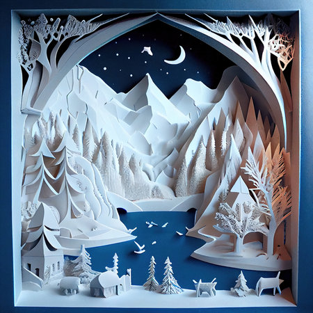 Merry Christmas and Happy New Year greeting card. Paper cut style.の素材