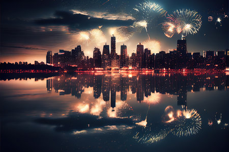 Cityscape and fireworks on the background of the night sky with reflectionの素材