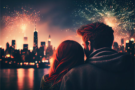 Back view of loving couple looking at fireworks on New York city backgroundの素材