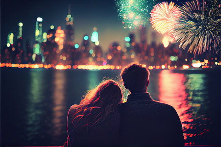 New year celebration in the city. Couple in love looks at the fireworks.の素材