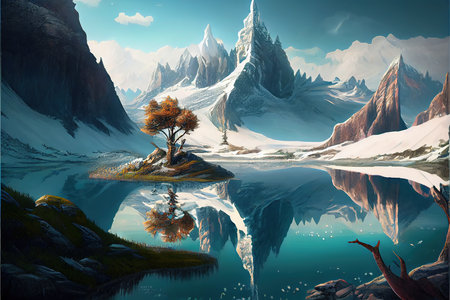 Fantasy landscape with mountains, trees and lake. Digital painting.の素材