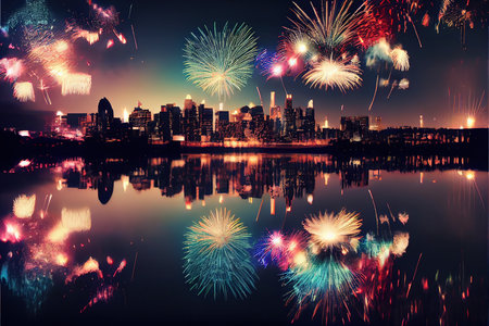 Cityscape and fireworks reflected in the water, New Year celebration conceptの素材